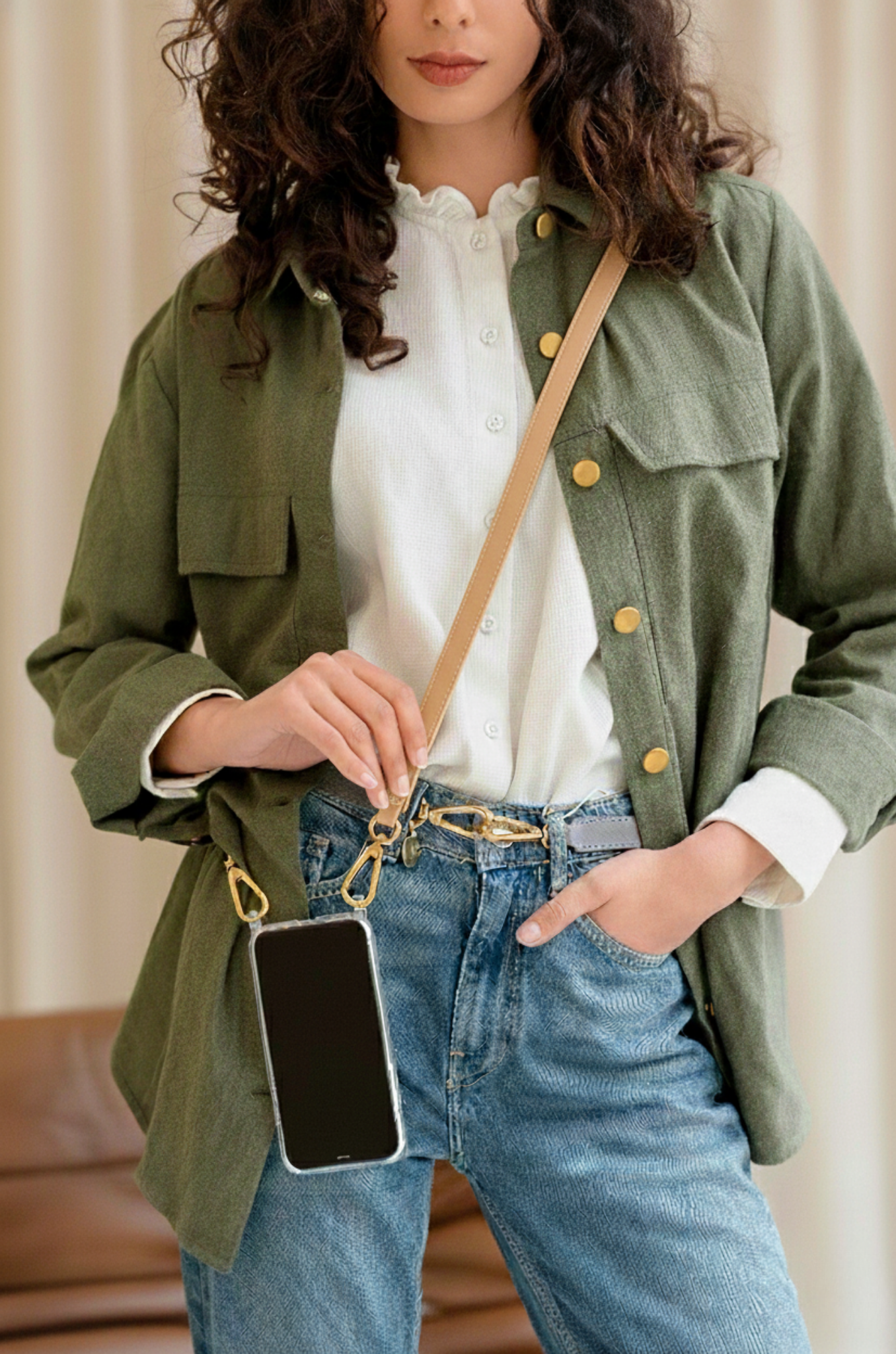 Bandoulière Fine Téléphone, Sable Chaud